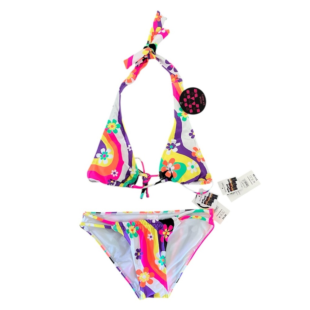 New No Boundaries string bikini bright multi color swirl flowers size small
